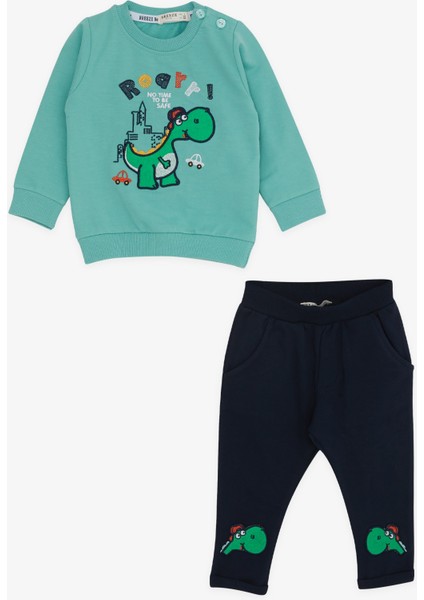 Erkek Bebek Eşofman Takımı Dinozor Nakışlı 6 Ay-2 Yaş, Mint Yeşili