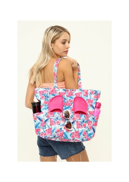Kadın Plaj Çantası, Fonksiyonel Baskılı Plaj Çantası, Beach Bag, Flamingo Desenli Fermuarlı Çanta
