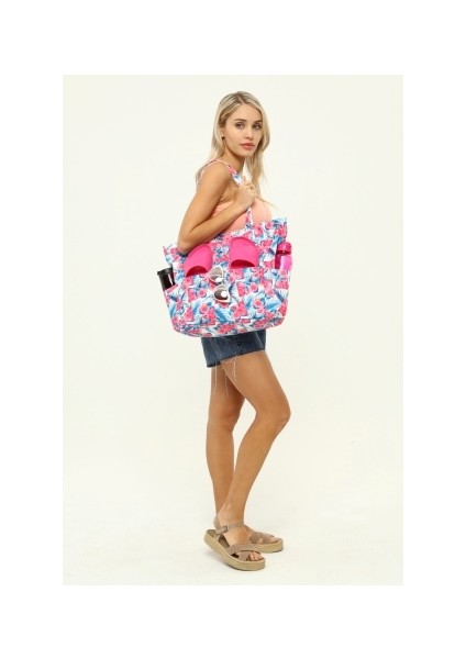 Kadın Plaj Çantası, Fonksiyonel Baskılı Plaj Çantası, Beach Bag, Flamingo Desenli Fermuarlı Çanta modelleri