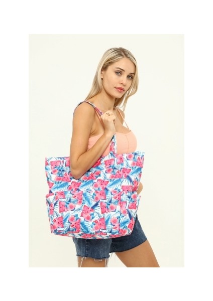 Kadın Plaj Çantası, Fonksiyonel Baskılı Plaj Çantası, Beach Bag, Flamingo Desenli Fermuarlı Çanta fırsatları