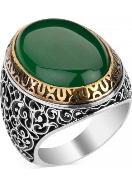 925 Ayar Oval Büyük Yeşil Akik Kapşon Kesim Telkari Erkek Yüzük