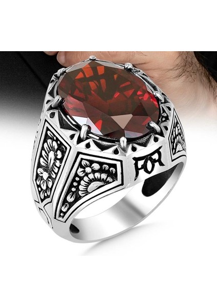 925 Ayar Gümüş Oval Kırmızı Zirkon Taşlı Güneş Model Erkek Yüzük