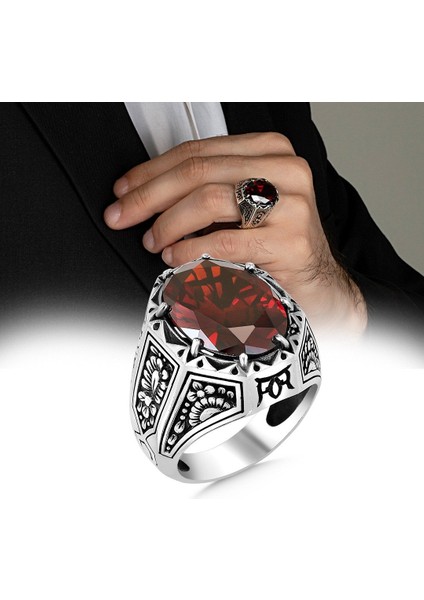 925 Ayar Gümüş Oval Kırmızı Zirkon Taşlı Güneş Model Erkek Yüzük fiyatları