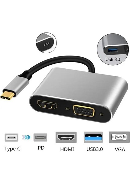 PrimeX Plus PX-U516 Type C To HDMI + VGA Çevirici, Type C To Vga, Type C To HDMI Dönüştürücü