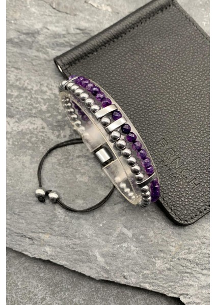 Ametist Doğal Taşlı Mor Renkli Ayarlanabilir Makrome Erkek Bileklik FRJ11654-1754-M