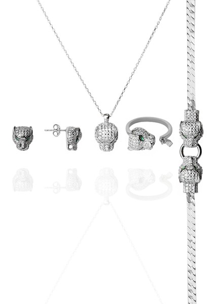 925 Ayar Gümüş Özel Tasarım Panter Model Gümüş Renk Set(Kolye+Küpe+Yüzük+Bileklik)