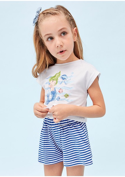 Kız Çocuk T-Shirt Çizgili Şort Takım Mavi 3216