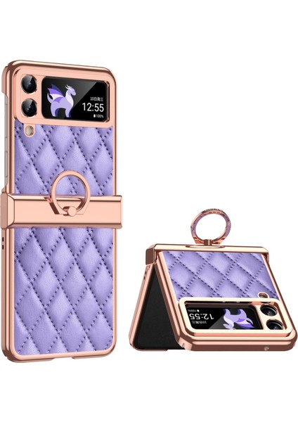 Samsung Galaxy Z Flip3 Için 5g Yüzük Kickstand Elektraplatma Pu Deri Kaplamalı Pc Kılıfı Baskılı Rhombus Izgara Deseni Katlanır Telefon Kapağı (Yurt Dışından)
