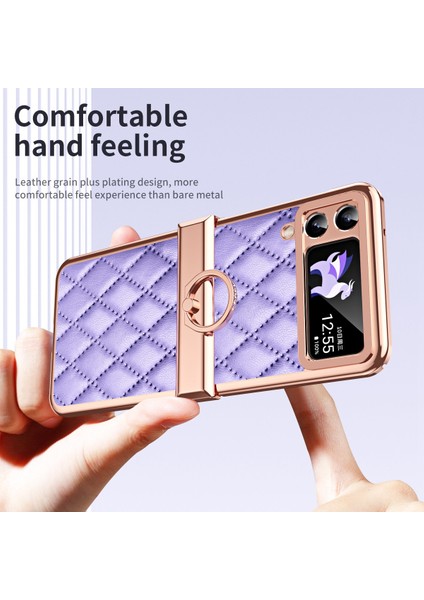 Samsung Galaxy Z Flip3 Için 5g Yüzük Kickstand Elektraplatma Pu Deri Kaplamalı Pc Kılıfı Baskılı Rhombus Izgara Deseni Katlanır Telefon Kapağı (Yurt Dışından)