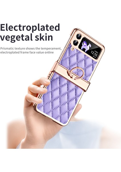 Samsung Galaxy Z Flip3 Için 5g Yüzük Kickstand Elektraplatma Pu Deri Kaplamalı Pc Kılıfı Baskılı Rhombus Izgara Deseni Katlanır Telefon Kapağı (Yurt Dışından)