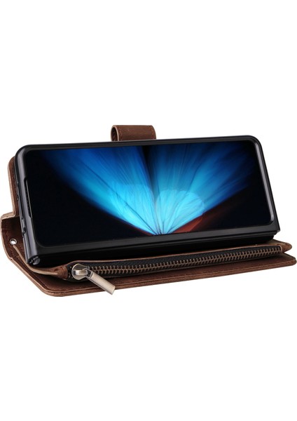 Samsung Galaxy Z Fold4 Için 5g Çoklu Kart Yuvaları Fermuar Pa Pu Deri Telefon Stand Örneği Manyetik Toka Cüzdan Kapağı (Yurt Dışından)