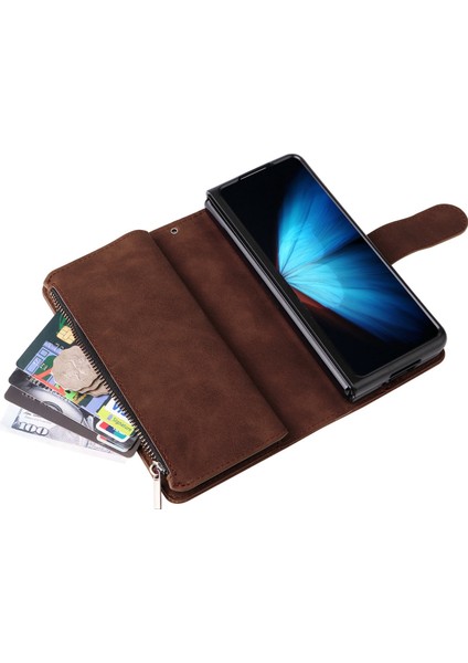 Samsung Galaxy Z Fold4 Için 5g Çoklu Kart Yuvaları Fermuar Pa Pu Deri Telefon Stand Örneği Manyetik Toka Cüzdan Kapağı (Yurt Dışından)