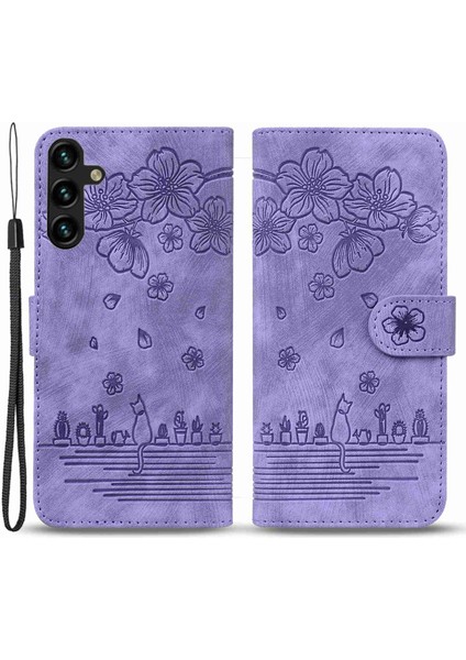 Samsung Galaxy A14 Için 5g Pu Deri Cüzdan Flip Case Baskılı Kiraz Çiçeği Kedi Katlama Stand Manyetik Kapak Kayış (Yurt Dışından)