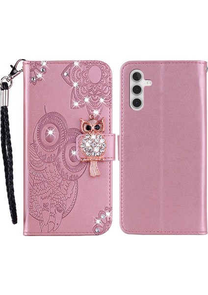 Samsung Galaxy A14 Için 5g Rhinestone Dekora Kazanmaya Dayanıklı Telefon Kapağı, Baskı Baykuş Çiçek Deseni Stand Cüzdan Deri Kılıf (Yurt Dışından)