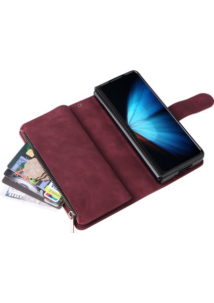 Samsung Galaxy Z Fold4 Için 5g Çoklu Kart Yuvaları Fermuar Pa Pu Deri Telefon Stand Örneği Manyetik Toka Cüzdan Kapağı (Yurt Dışından)