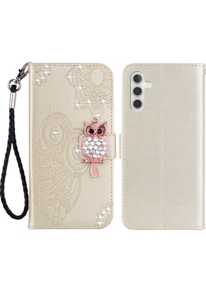 Samsung Galaxy A14 Için 5g Rhinestone Dekora Kazanmaya Dayanıklı Telefon Kapağı, Baskı Baykuş Çiçek Deseni Stand Cüzdan Deri Kılıf (Yurt Dışından)
