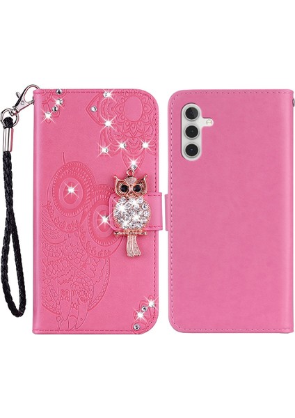 Samsung Galaxy A14 Için 5g Rhinestone Dekora Kazanmaya Dayanıklı Telefon Kapağı, Baskı Baykuş Çiçek Deseni Stand Cüzdan Deri Kılıf (Yurt Dışından)