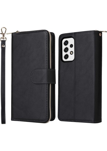 Samsung Galaxy A23 4g / A23 5g (Global Versiyon) / M23 5g / F23 5g Ince Pu Deri Cüzdan Telefon Kılıfı 9 Kart Yuvaları Fermuar Cep Stand Flip Cover (Yurt Dışından)