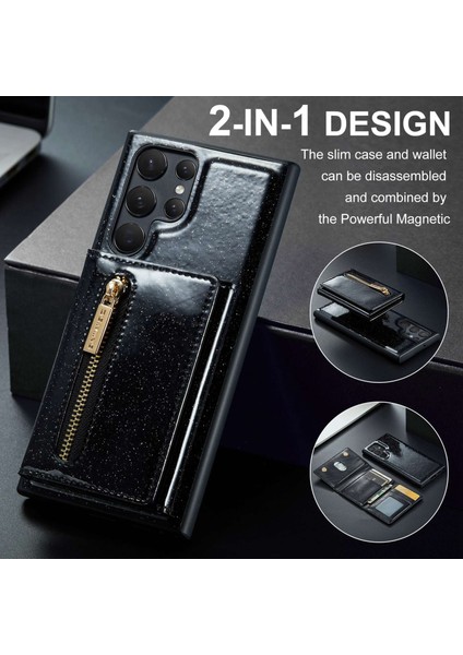Dg.ming M3 Serisi Samsung Galaxy S22 Ultra 5g 2'si 2-1 Arada Pu Deri Kaplamalı Pc+Tpu Geri Kılıf Magnicy Çıkarılabilir Fermuar Cüzdan Telefon Kapağı Kickstand ile (Yurt Dışından)
