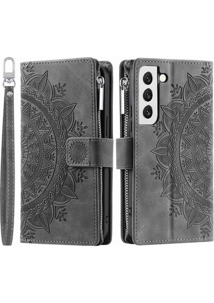 Samsung Galaxy S21 Için 5g Mandala Çiçeği Baskılı Tam Kapsam Pu Deri Telefon Kapak Standı Çoklu Kart Yuvası Zipper Cep Cüzdan Kılıfı (Yurt Dışından)