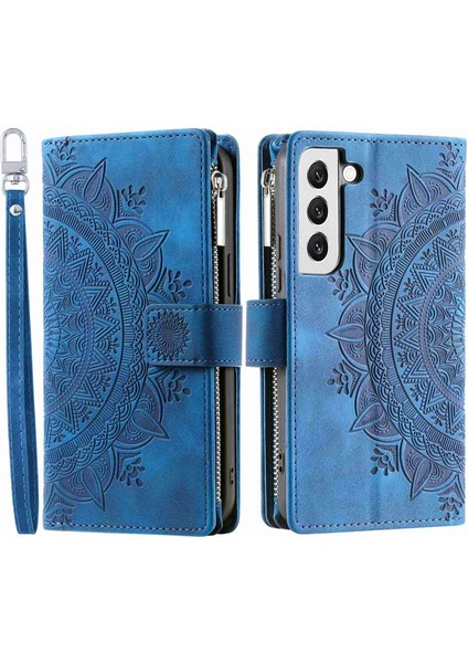 Samsung Galaxy S21 Için 5g Mandala Çiçeği Baskılı Tam Kapsam Pu Deri Telefon Kapak Standı Çoklu Kart Yuvası Zipper Cep Cüzdan Kılıfı (Yurt Dışından)
