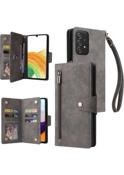 Samsung Galaxy A33 Için 5g Şok Geçirmez Telefon Kasası Perçin Buckle Pu Deri Deri Cüzdan Stand / Kayış (Yurt Dışından)