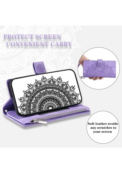 Samsung Galaxy S21 Fe 5g Mandala Çiçeği Baskılı Pu Deri Telefon Kapağı Çoklu Kart Yuvası ile Eller Serbest Stand Zipper Cep Cüzdan Kılıfı (Yurt Dışından)