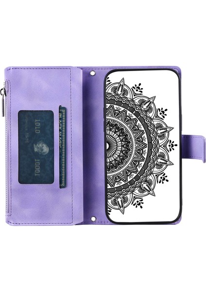 Samsung Galaxy S21 Fe 5g Mandala Çiçeği Baskılı Pu Deri Telefon Kapağı Çoklu Kart Yuvası ile Eller Serbest Stand Zipper Cep Cüzdan Kılıfı (Yurt Dışından)