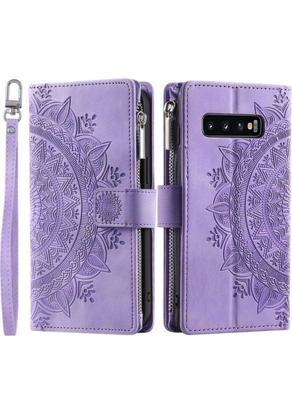 Mandala Çiçek Samsung Galaxy S10 Için Pu Deri Kılıfı Plus 4g Manyetik Toka Koruma Kapağı Fermuarlı Cüzdan / Kayışlı (Yurt Dışından)