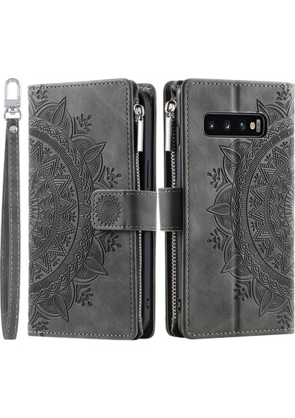 Mandala Çiçek Samsung Galaxy S10 Için Pu Deri Kılıfı Plus 4g Manyetik Toka Koruma Kapağı Fermuarlı Cüzdan / Kayışlı (Yurt Dışından)