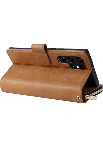 Samsung Galaxy S22 Ultra 5g Ultra Slim Pu Deri Cüzdan Telefon Kılıfı 9 Kart Yuvaları Fermuar Cep Stand Flip Cover (Yurt Dışından)