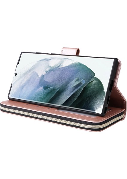 Samsung Galaxy S22 Ultra 5g Ultra Slim Pu Deri Cüzdan Telefon Kılıfı 9 Kart Yuvaları Fermuar Cep Stand Flip Cover (Yurt Dışından) modelleri