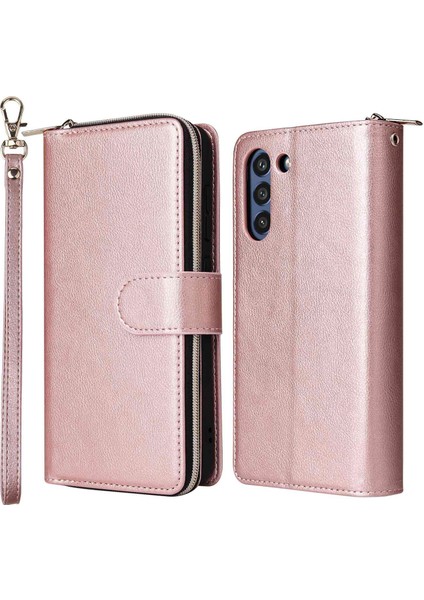 Samsung Galaxy S21 Fe 5g Için Anti-Drop Pu Deri Kabuk, Stand Cüzdan Telefonu Flip Kılıf Magnetic 9 Kart Tutucu Yuvaları Zipper Cep Kapağı Kayışlı (Yurt Dışından)