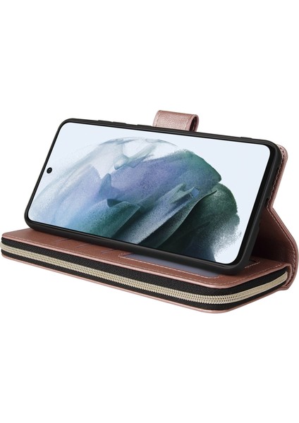 Samsung Galaxy S21 Fe 5g Için Anti-Drop Pu Deri Kabuk, Stand Cüzdan Telefonu Flip Kılıf Magnetic 9 Kart Tutucu Yuvaları Zipper Cep Kapağı Kayışlı (Yurt Dışından) modelleri