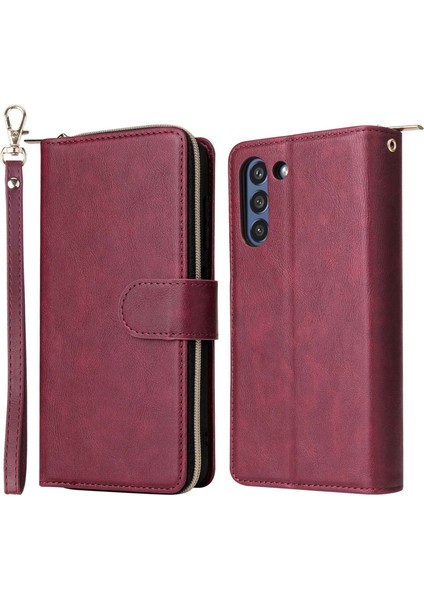 Samsung Galaxy S21 Fe 5g Için Anti-Drop Pu Deri Kabuk, Stand Cüzdan Telefonu Flip Kılıf Magnetic 9 Kart Tutucu Yuvaları Zipper Cep Kapağı Kayışlı (Yurt Dışından)