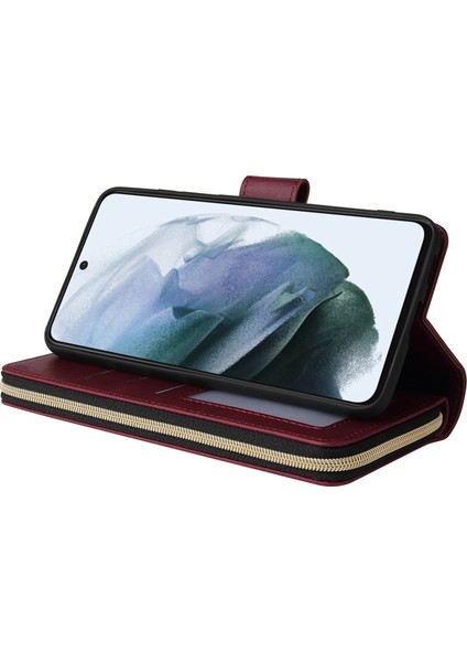 Samsung Galaxy S21 Fe 5g Için Anti-Drop Pu Deri Kabuk, Stand Cüzdan Telefonu Flip Kılıf Magnetic 9 Kart Tutucu Yuvaları Zipper Cep Kapağı Kayışlı (Yurt Dışından) modelleri