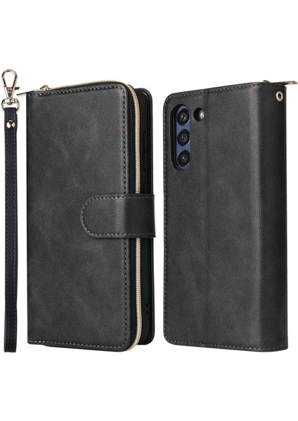 Samsung Galaxy S21 Fe 5g Için Anti-Drop Pu Deri Kabuk, Stand Cüzdan Telefonu Flip Kılıf Magnetic 9 Kart Tutucu Yuvaları Zipper Cep Kapağı Kayışlı (Yurt Dışından)