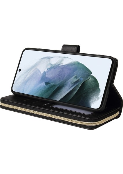 Samsung Galaxy S21 Fe 5g Için Anti-Drop Pu Deri Kabuk, Stand Cüzdan Telefonu Flip Kılıf Magnetic 9 Kart Tutucu Yuvaları Zipper Cep Kapağı Kayışlı (Yurt Dışından) modelleri