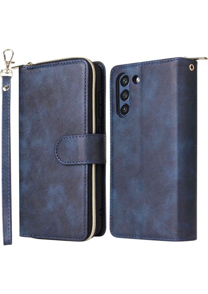 Samsung Galaxy S21 Fe 5g Için Anti-Drop Pu Deri Kabuk, Stand Cüzdan Telefonu Flip Kılıf Magnetic 9 Kart Tutucu Yuvaları Zipper Cep Kapağı Kayışlı (Yurt Dışından)