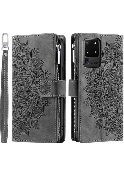 Samsung Galaxy S20 Ultra Mandala Çiçeği Baskılı Fermuar Cep Telefon Kılıfı Pu Deri Stand Kapak Birden Fazla Kart Yuvası Cüzdan (Yurt Dışından)