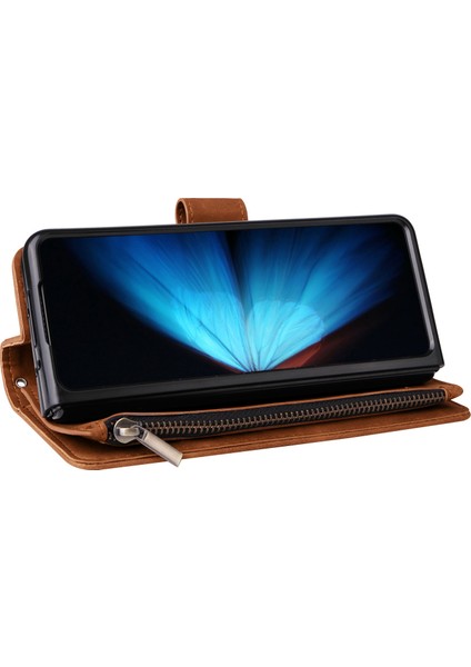 Samsung Galaxy Z Fold4 Için 5g Çoklu Kart Yuvaları Fermuar Pa Pu Deri Telefon Stand Örneği Manyetik Toka Cüzdan Kapağı (Yurt Dışından) modelleri