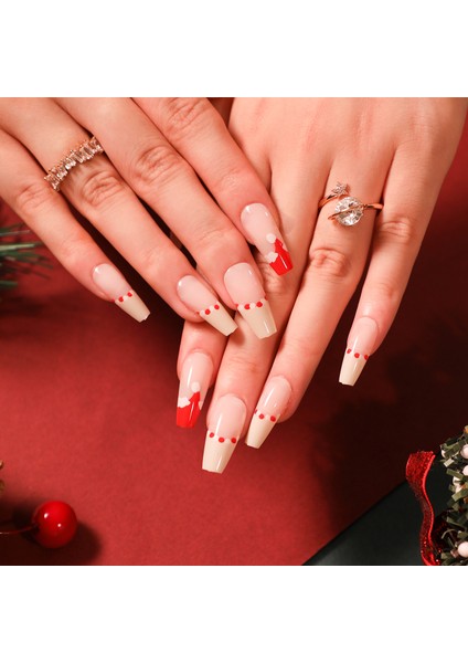 Yılbaşı Desenli Nude French Kırmızı Şapkalı Düz Uzun Takma Tırnak Seti (24 Adet)