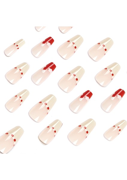 Yılbaşı Desenli Nude French Kırmızı Şapkalı Düz Uzun Takma Tırnak Seti (24 Adet) modelleri