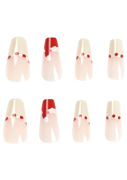 Yılbaşı Desenli Nude French Kırmızı Şapkalı Düz Uzun Takma Tırnak Seti (24 Adet) indirimleri