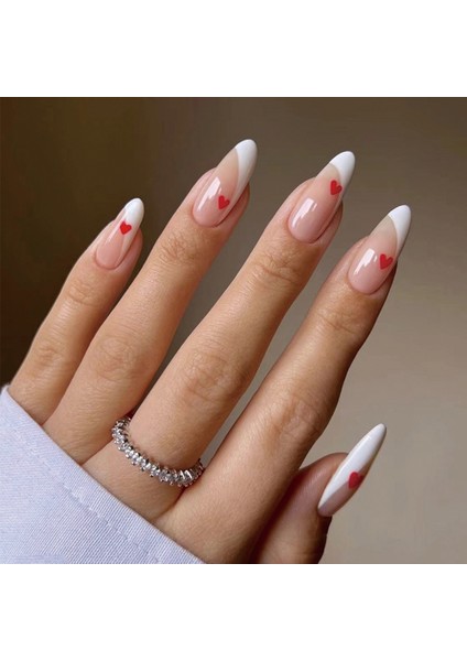 TipsArt Beyaz Kırmızı Kalpli 24’lü Takma Tırnak Seti & Zararsız Yapıştırıcı