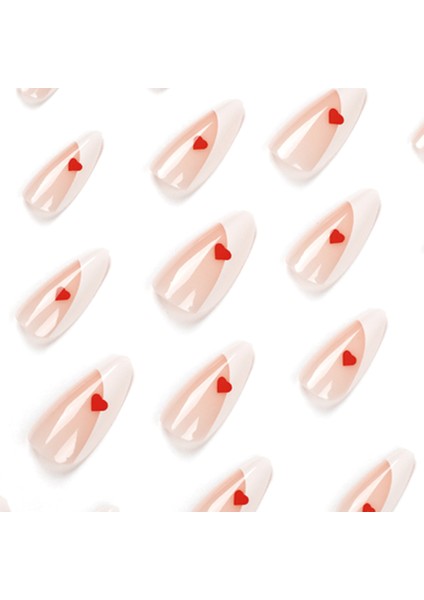 TipsArt Beyaz Kırmızı Kalpli 24’lü Takma Tırnak Seti & Zararsız Yapıştırıcı