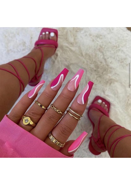 TipsArt Düz Kesim Pembe Fuşya Desenli 24’lü Takma Tırnak Seti & Zararsız Yapıştırıcı