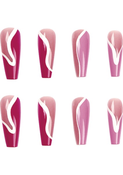 TipsArt Düz Kesim Pembe Fuşya Desenli 24’lü Takma Tırnak Seti & Zararsız Yapıştırıcı