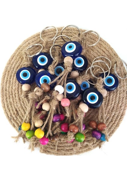 20 Adet Anahtarlık Kötü Göz Kovucu Nazar Hand Made Hasır Renkli Ahşap Boncuklu Nazarlık