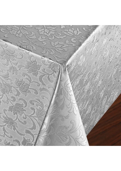 Elyaf Astarlı Pvc Masa Örtüsü 140x200cm Silinebilir Sıvı Geçirmez Leke Tutmaz Çiçek Desenli Gümüş